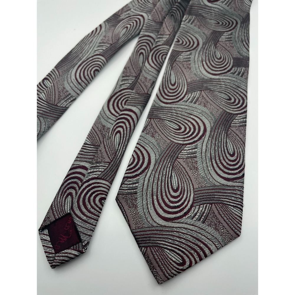 Nino Mori Mens Silk Tie Made in Italy Silver Burgundy Abstract Swirl Psychedelic